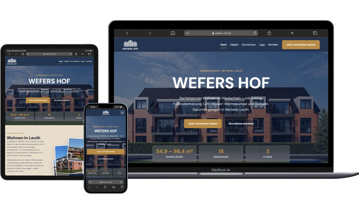 Betreutes Kundenprojekt Wefers Hof auf Laptop, Tablet und Smartphone