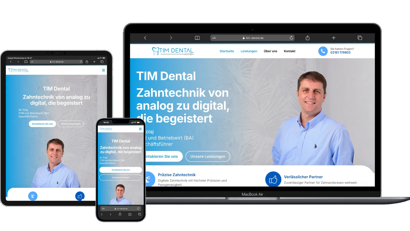 TIM Dental nach dem Relaunch: die heutige Webseite auf Laptop, Tablet und Smartphone