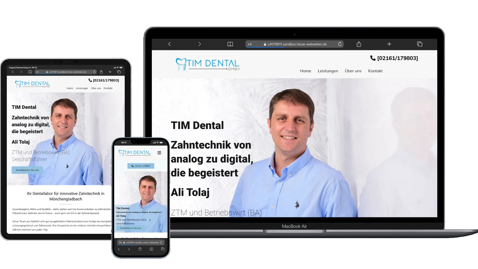 TIM Dental vor dem Relaunch: die frühere Webseite auf Laptop, Tablet und Smartphone